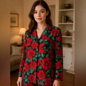 Victoria’s Secret Satin Floral Pajama Top Button Down Sleep Shirt Red Rose L